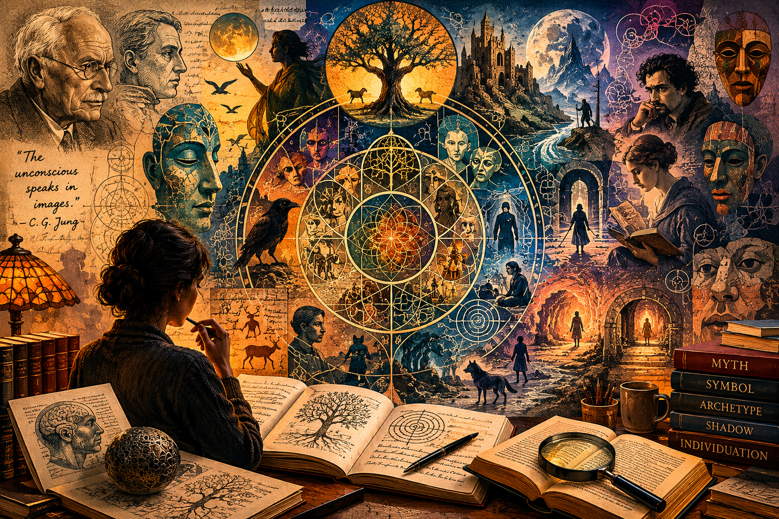 A scholar studies open books while Jungian symbols, archetypal masks, mythic figures, mandala geometry, shadow imagery, and literary scenes unfold across a richly layered wall.