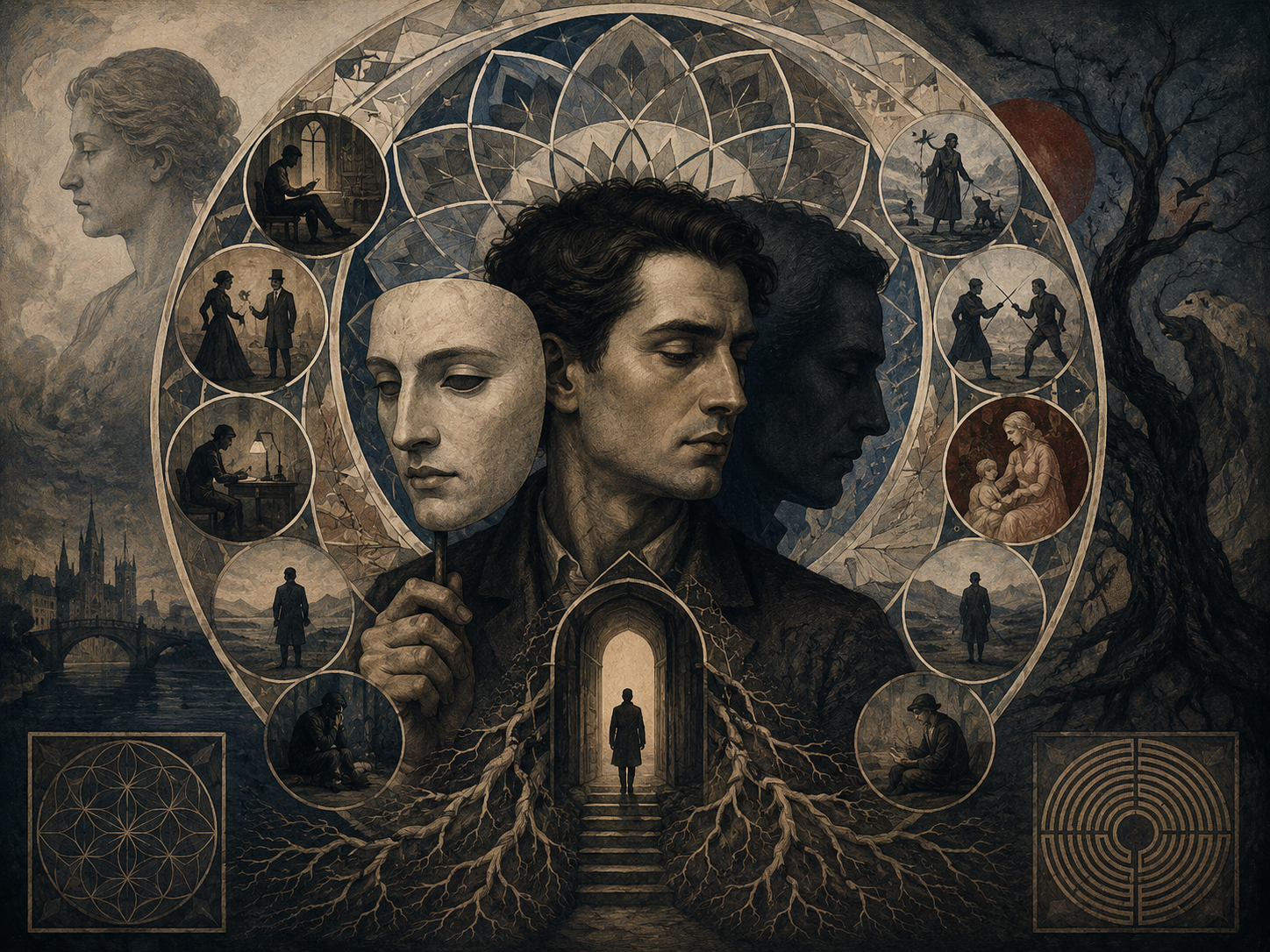 A central figure holds a mask beside a shadowed double, surrounded by mandala geometry, roots, life scenes, archetypal images, and symbolic pathways.
