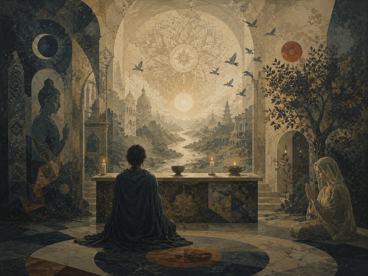 A seated figure faces a luminous sacred threshold surrounded by ritual candles, mandala light, birds, trees, spiritual architecture, and contemplative symbolic figures.