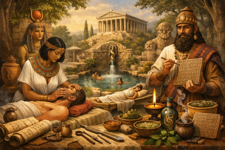 Editorial illustration of ancient Near Eastern and Mediterranean healing traditions featuring an Egyptian healer, a Mesopotamian tablet-bearing specialist, sacred spring and temple healing, herbs, ritual vessels, papyri, and early surgical tools