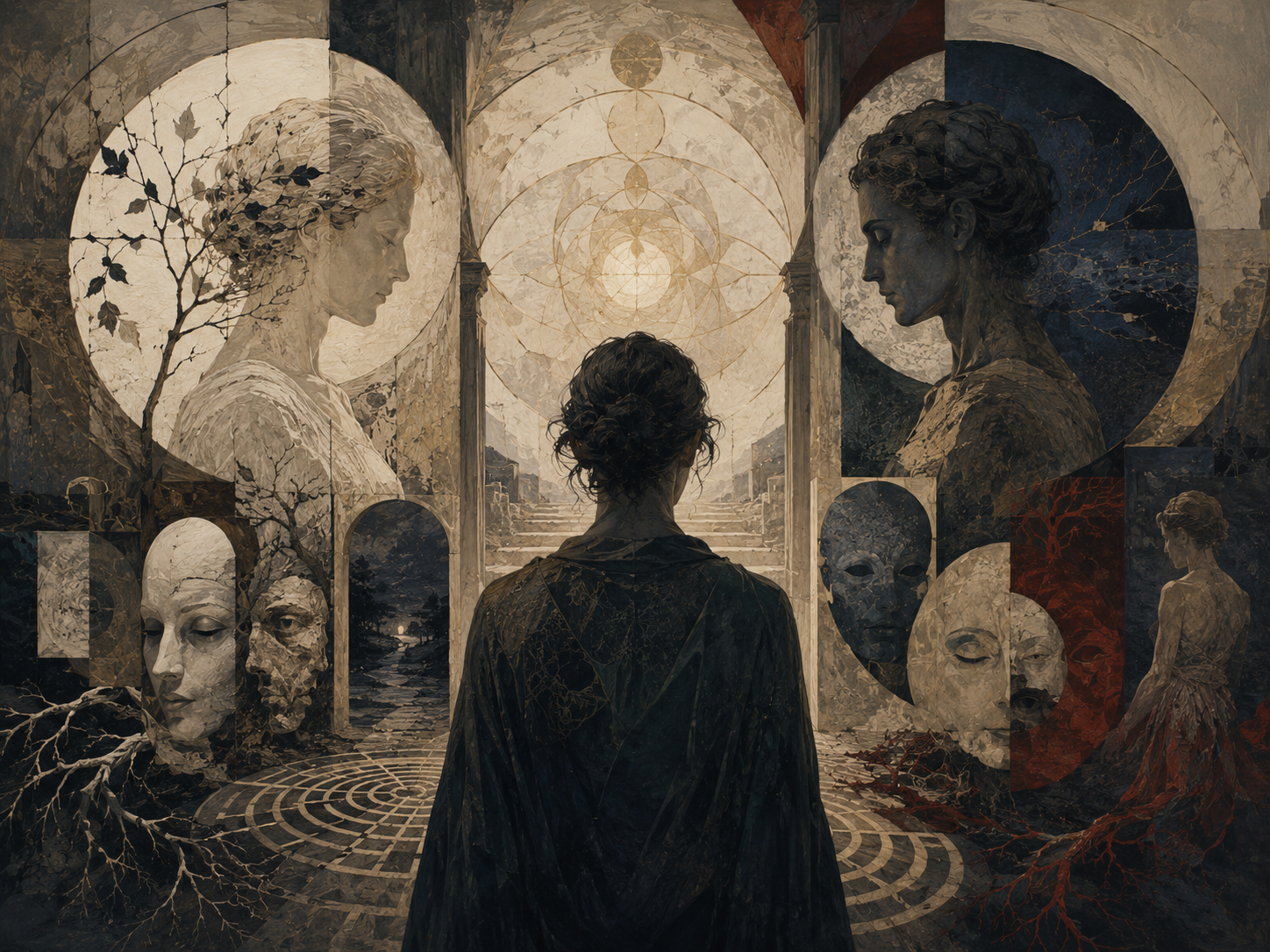 A contemplative figure stands between opposing symbolic profiles, masks, roots, thresholds, mandala geometry, and fractured gendered forms.