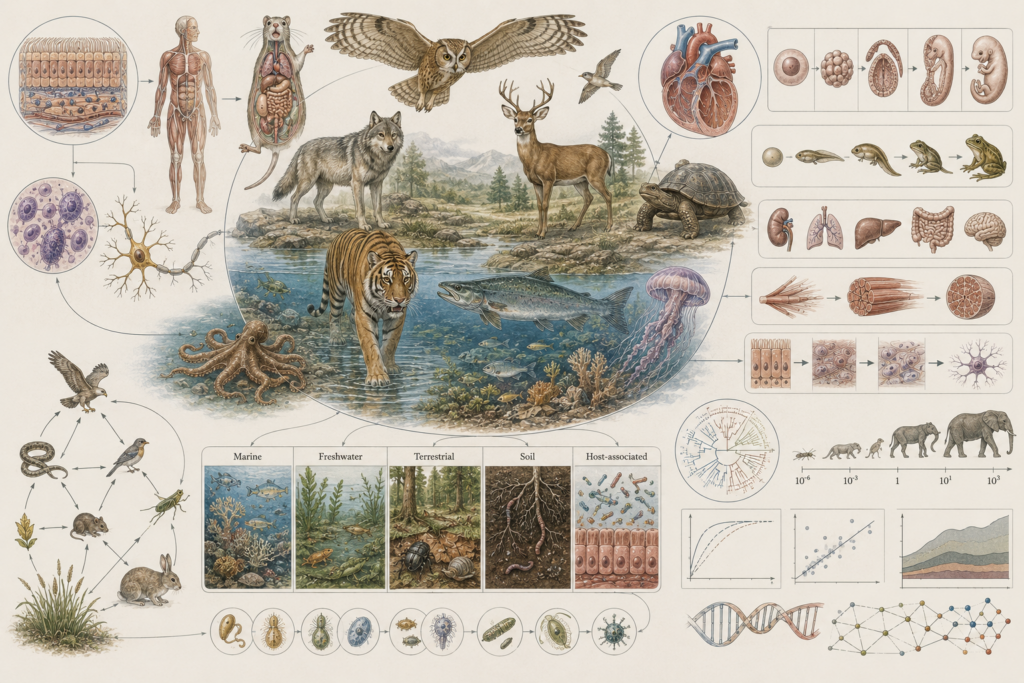 Research-grade systems biology illustration showing diverse animals across terrestrial, freshwater, marine, soil, and host-associated environments, with tissue structures, organ systems, development, food webs, phylogeny, microbiomes, and quantitative modeling elements.