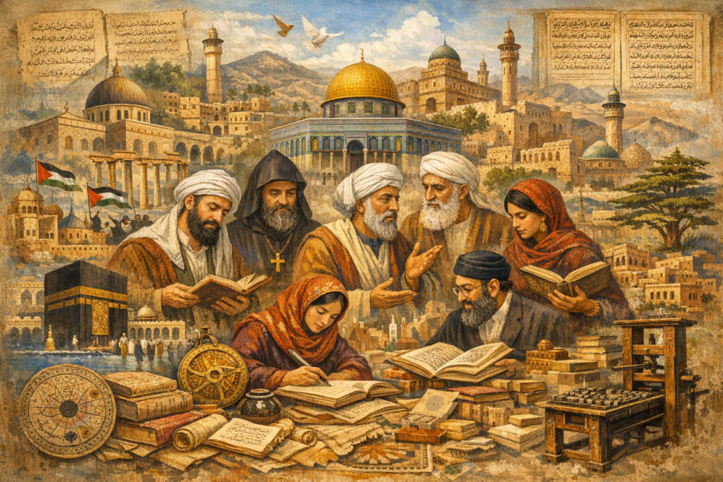 Editorial collage of Arabian and Levantine intellectual life showing scholars, manuscripts, books, sacred architecture, printing technology, and symbolic cityscapes associated with Palestine, Lebanon, Syria, Iraq, and the wider Arab East