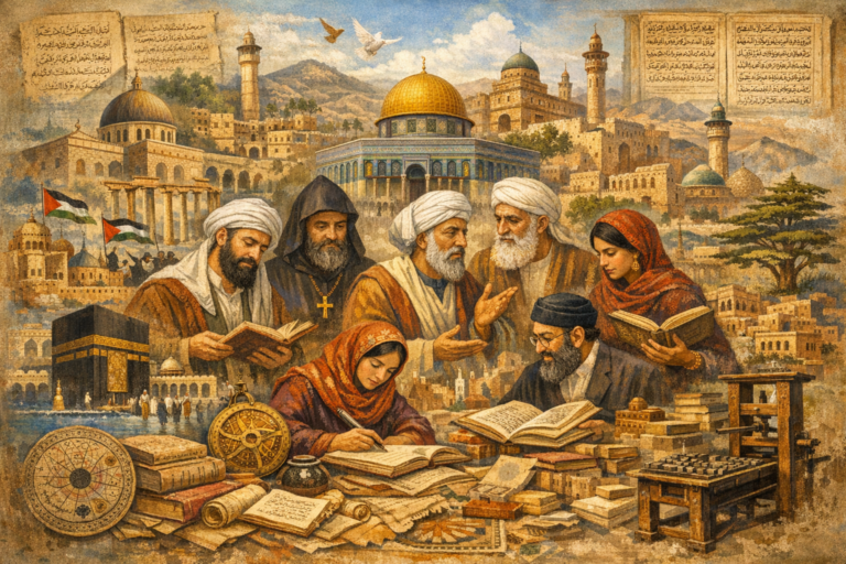 Editorial collage of Arabian and Levantine intellectual life showing scholars, manuscripts, books, sacred architecture, printing technology, and symbolic cityscapes associated with Palestine, Lebanon, Syria, Iraq, and the wider Arab East