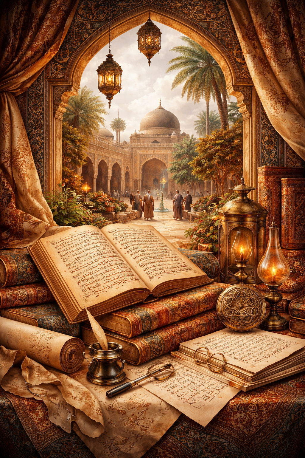 Editorial illustration of Arabic literature and adab featuring manuscripts, calligraphy, books, lamps, architectural forms, and cultivated literary motifs from the Arabic-speaking world