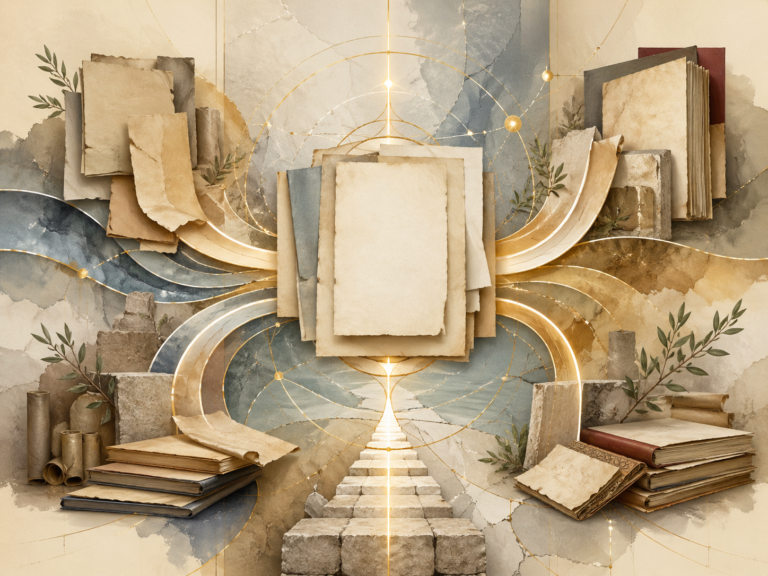 Non-figurative editorial illustration of blank manuscripts, scrolls, codex pages, olive branches, stone thresholds, luminous pathways, and restrained geometry representing Arabic as a shared language of Jewish, Christian, and Muslim knowledge.