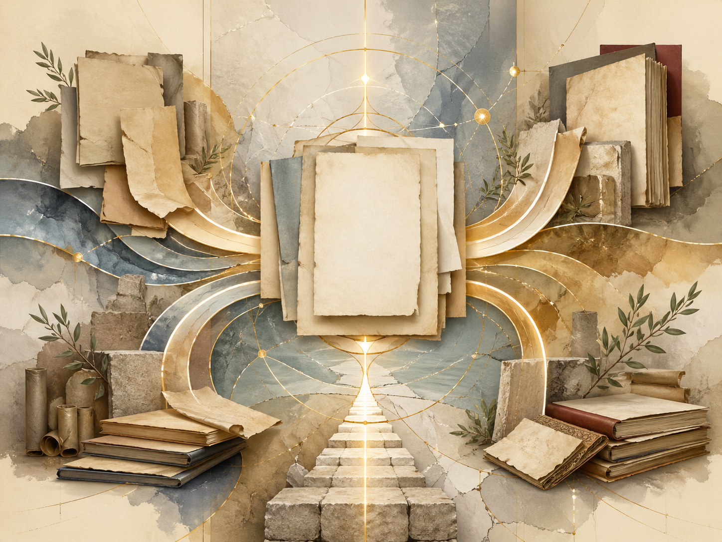 Non-figurative editorial illustration of blank manuscripts, scrolls, codex pages, olive branches, stone thresholds, luminous pathways, and restrained geometry representing Arabic as a shared language of Jewish, Christian, and Muslim knowledge.