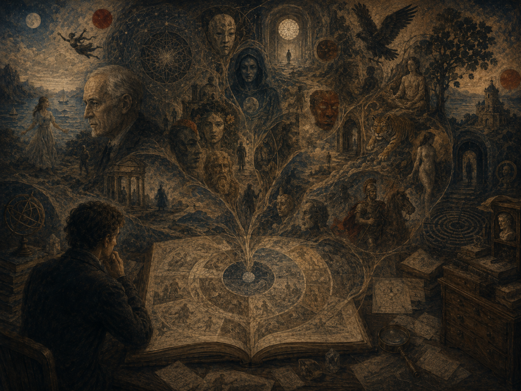 A contemplative figure studies an open symbolic manuscript as mandala geometry unfolds into masks, mythic figures, animals, dream scenes, and archetypal landscapes.