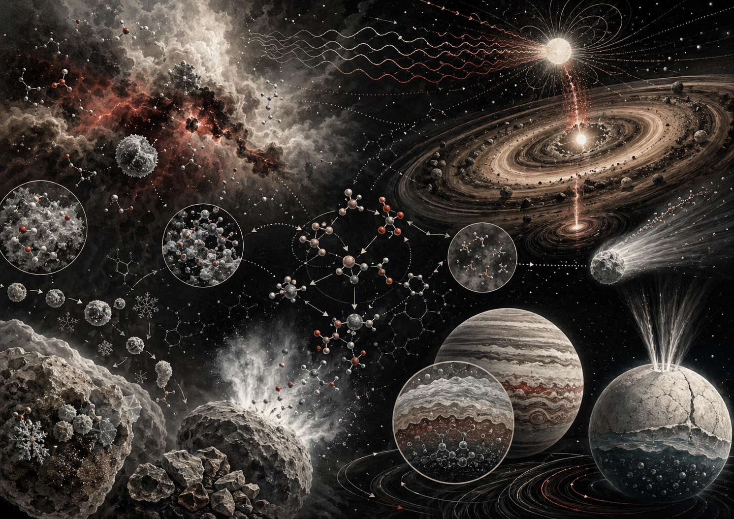 Editorial scientific illustration of astrochemistry showing molecular clouds, interstellar molecules, icy dust grains, radiation pathways, protoplanetary disk chemistry, cometary volatile plumes, meteorite fragments, planetary atmospheres, icy worlds, and molecular networks in cream, black, white, muted gray, and deep red.