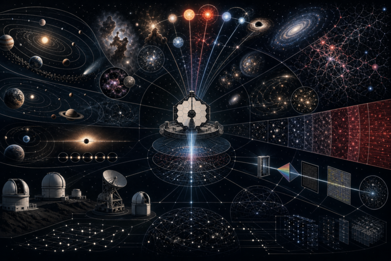 Scientific illustration of astronomy showing planets, stars, nebulae, galaxies, black holes, cosmic web structures, observatories, telescopes, spectral light beams, detector grids, and interconnected astronomical data pathways.