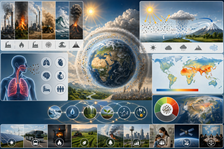 Editorial image showing Earth surrounded by atmospheric particle pollution, with visual references to industrial emissions, wildfire smoke, dust, clouds, rainfall disruption, human health, satellite monitoring, clean energy, transport, and regional climate risk.