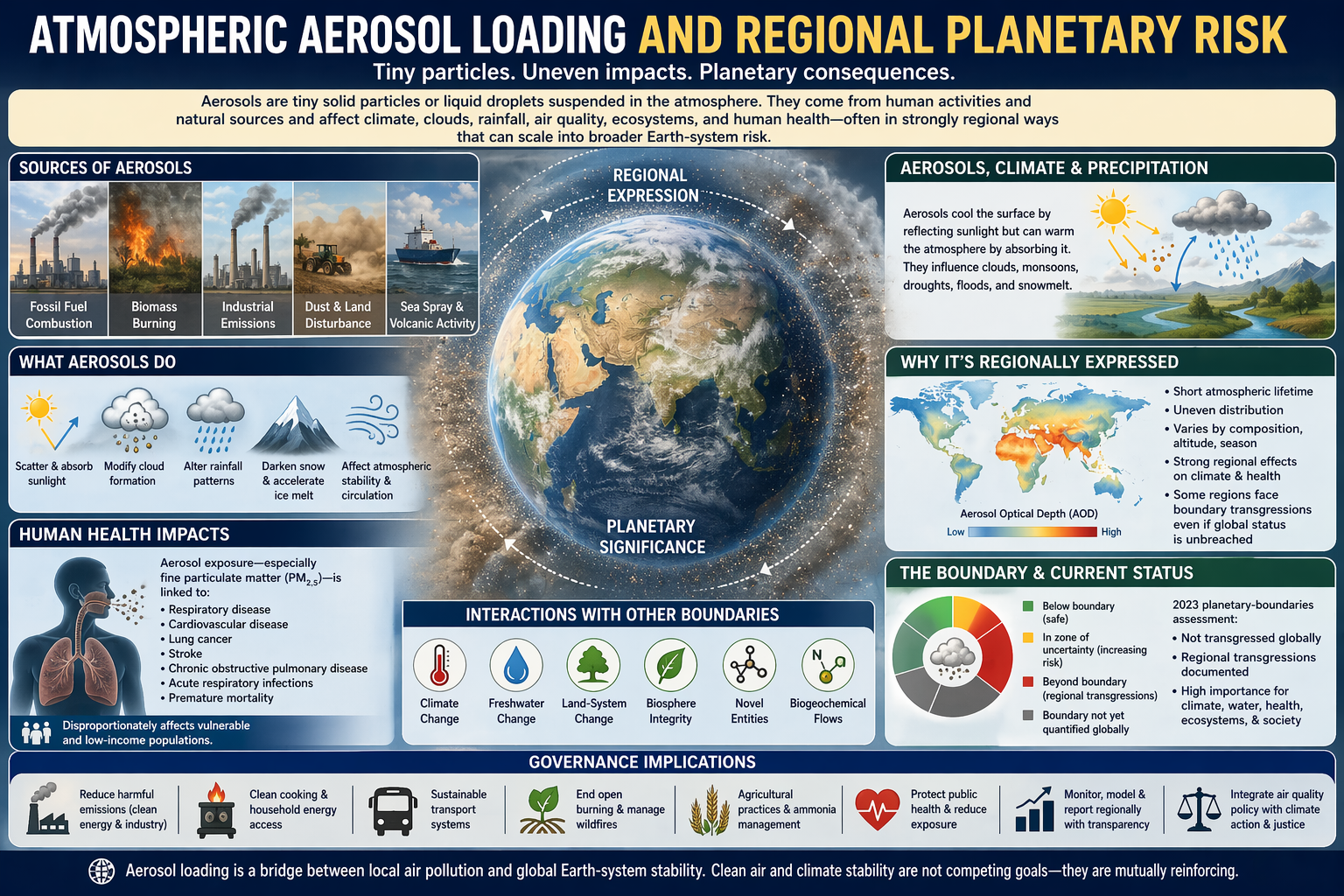 Infographic explaining atmospheric aerosol loading as a regional planetary-boundary risk, showing aerosol sources, climate and precipitation effects, human health impacts, regional aerosol distribution, boundary status, and governance responses.