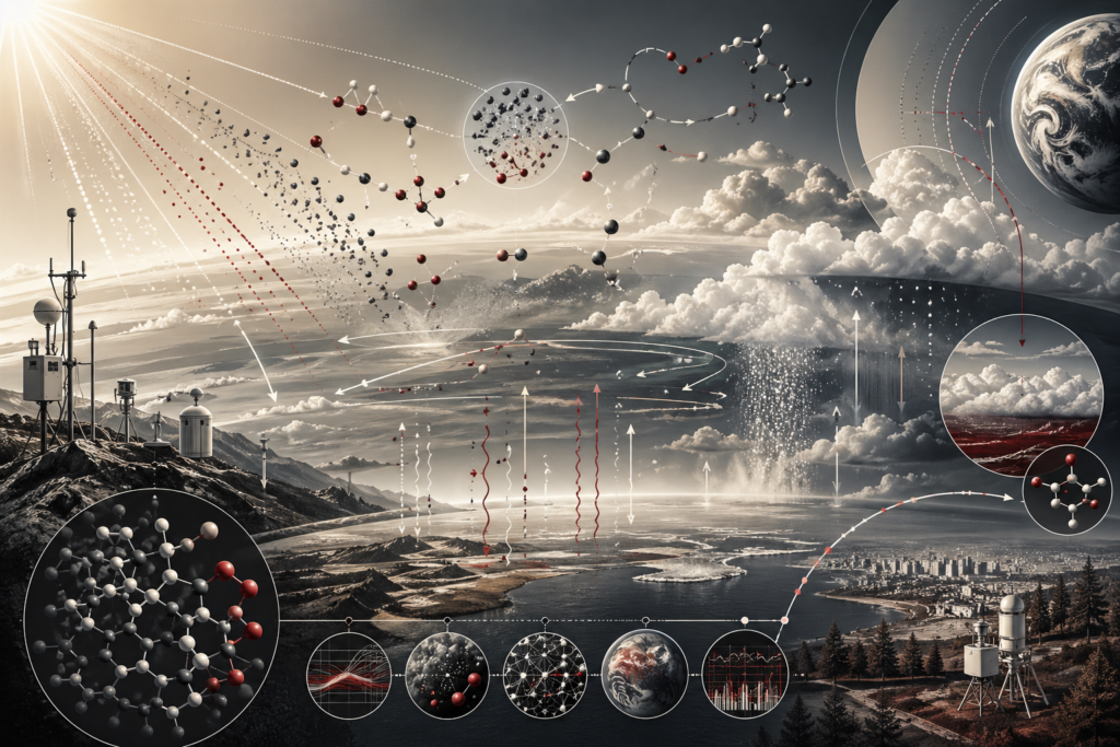 Editorial scientific illustration of atmospheric chemistry showing layered clouds, solar radiation, molecular reaction pathways, aerosols, monitoring instruments, greenhouse-gas dynamics, atmospheric circulation, and climate-process overlays in cream, black, white, muted gray, and deep red.