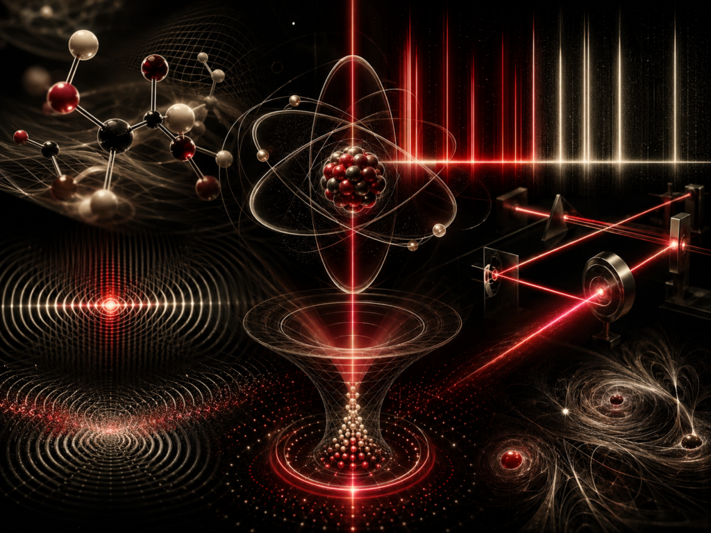 Editorial scientific illustration showing abstract atoms, molecular structures, photon beams, spectral light bands, laser paths, optical interference patterns, and cold-atom trap forms.