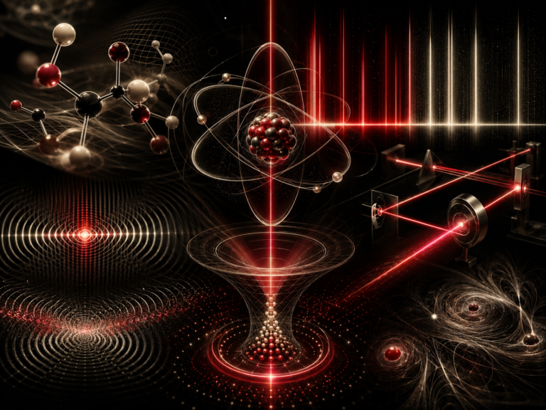 Editorial scientific illustration showing abstract atoms, molecular structures, photon beams, spectral light bands, laser paths, optical interference patterns, and cold-atom trap forms.