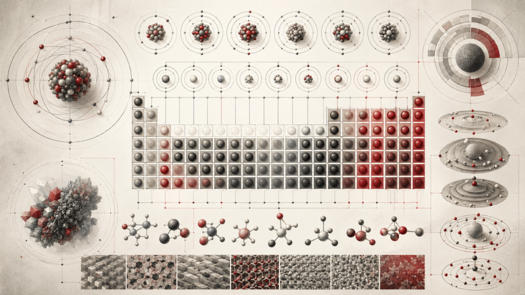 Editorial scientific illustration showing abstract atomic structures, isotope-like variations, molecular forms, and a stylized periodic-table arrangement in cream, gray, black, and deep red.