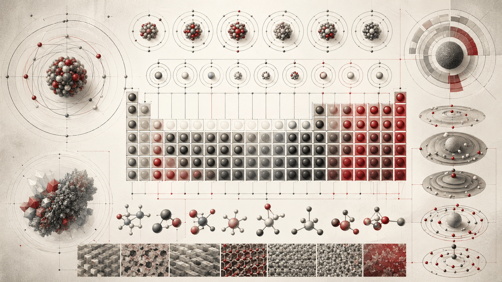 Editorial scientific illustration showing abstract atomic structures, isotope-like variations, molecular forms, and a stylized periodic-table arrangement in cream, gray, black, and deep red.