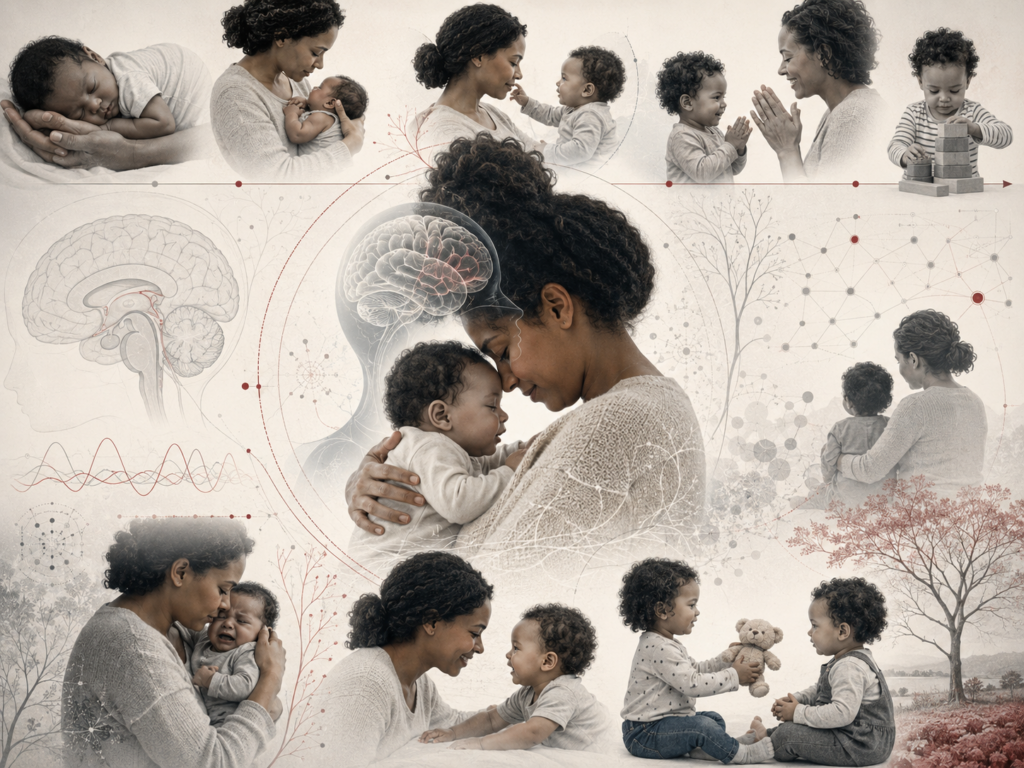 Research-grade illustration of early attachment and caregiving, showing a caregiver and infant in close contact, emotional attunement, developmental stages, neural regulation, and social bonds across early childhood.