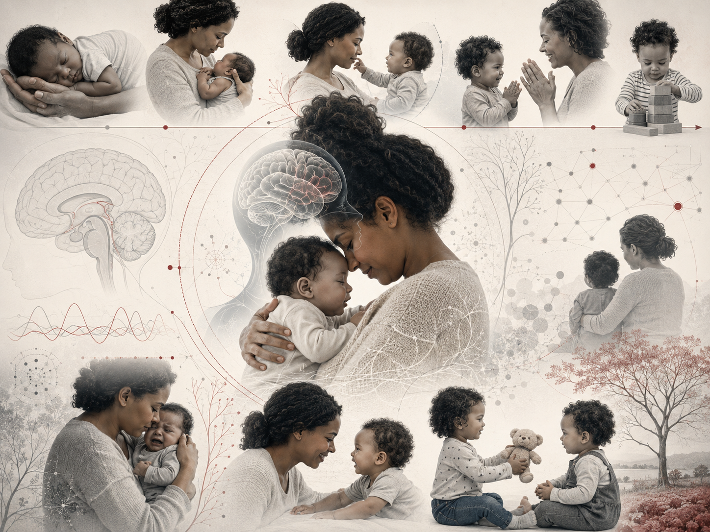 Research-grade illustration of early attachment and caregiving, showing a caregiver and infant in close contact, emotional attunement, developmental stages, neural regulation, and social bonds across early childhood.
