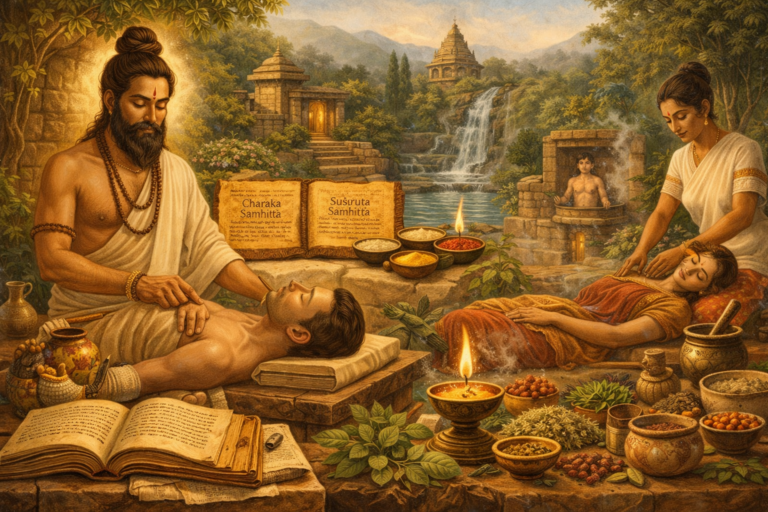 Editorial illustration of Ayurveda and South Asian healing traditions featuring a practitioner taking pulse, classical medical manuscripts, herbs and preparation vessels, oil massage, steam therapy, and a serene healing landscape