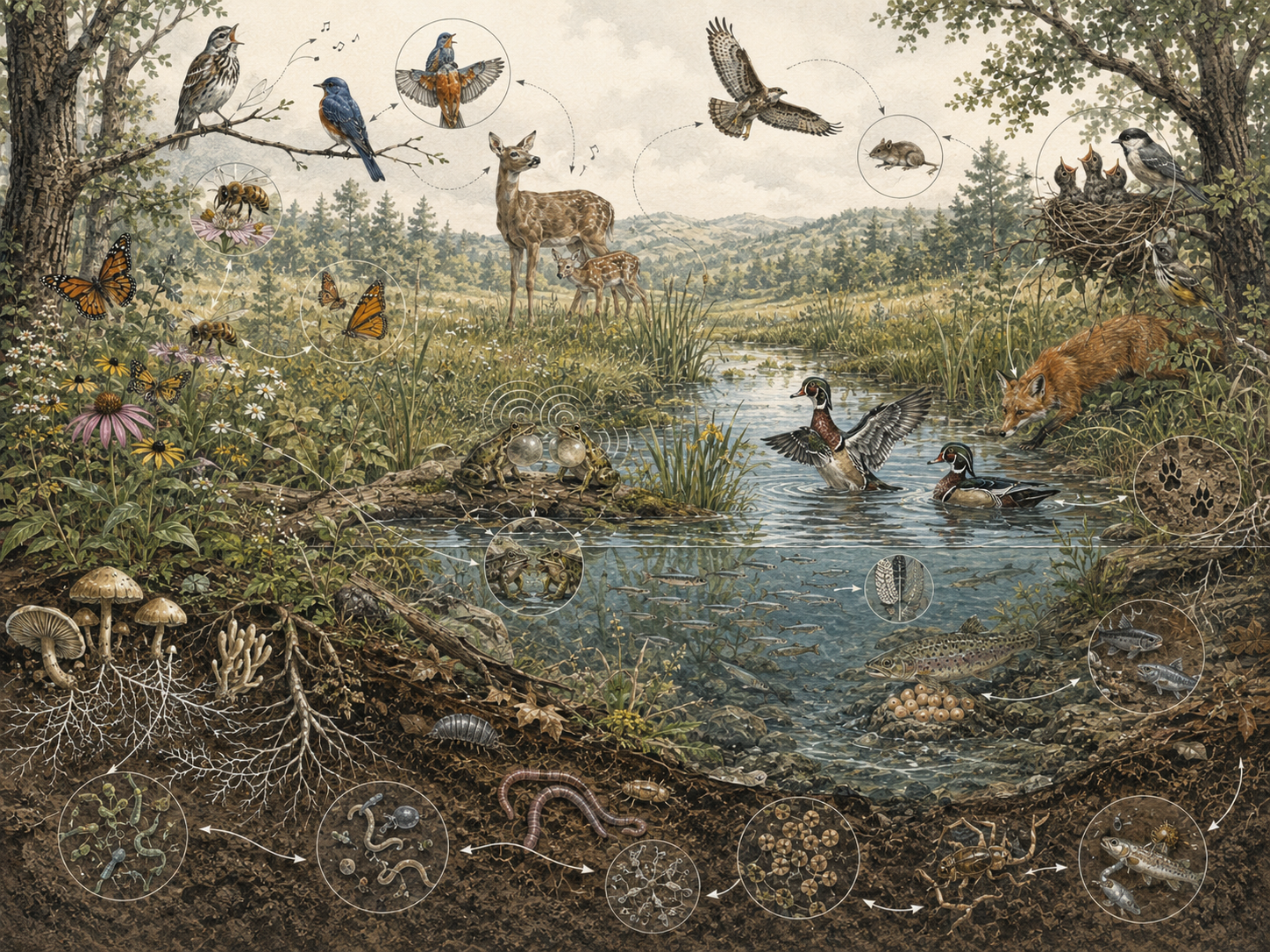 Research-grade natural-history illustration showing animals and plants communicating and behaving strategically across a wetland and meadow ecosystem, including birdsong, pollination, courtship, predator-prey behavior, parental care, amphibian calls, fish schooling, fungi, roots, microbes, and soil organisms.