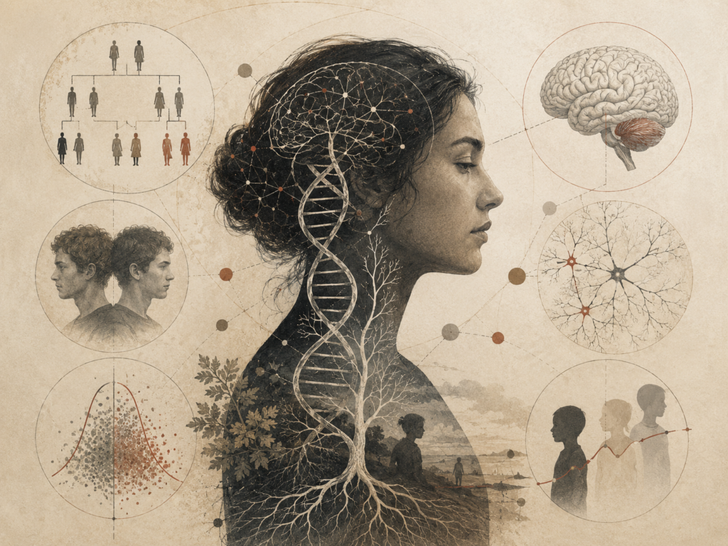 Restrained institutional illustration of a human profile with DNA, neural networks, family diagrams, twin imagery, brain structures, and distribution charts representing behavior genetics and personality biology.