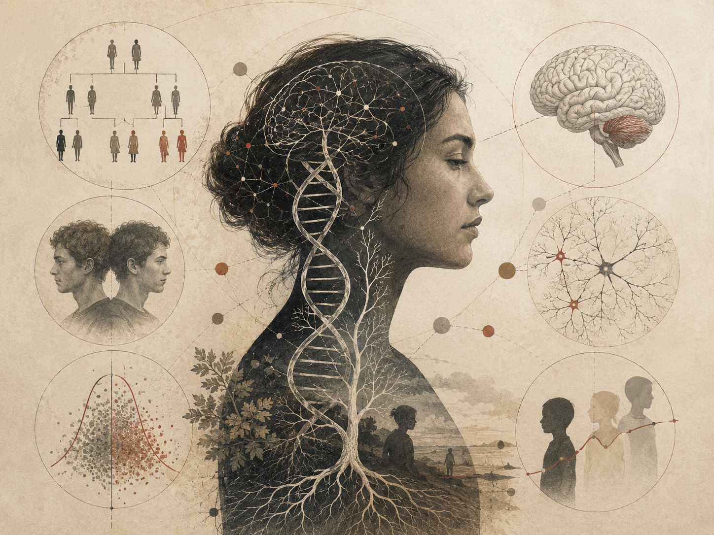 Restrained institutional illustration of a human profile with DNA, neural networks, family diagrams, twin imagery, brain structures, and distribution charts representing behavior genetics and personality biology.