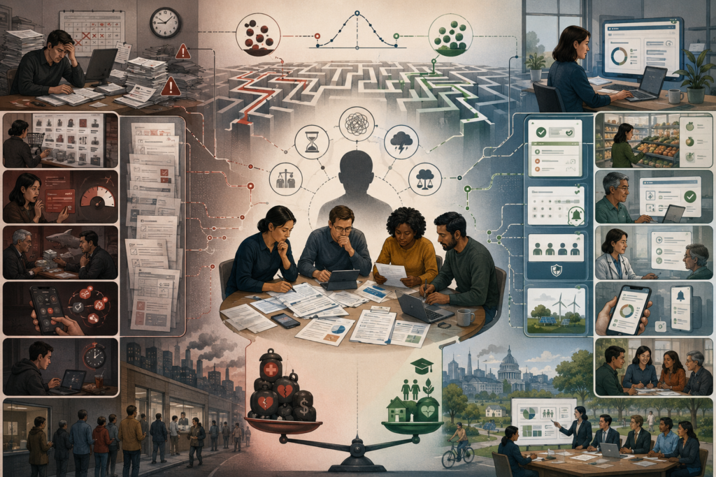 Editorial systems illustration showing people making economic decisions under cognitive limits, uncertainty, time pressure, and institutional design, contrasting confusing choice environments with clearer, supportive decision systems.