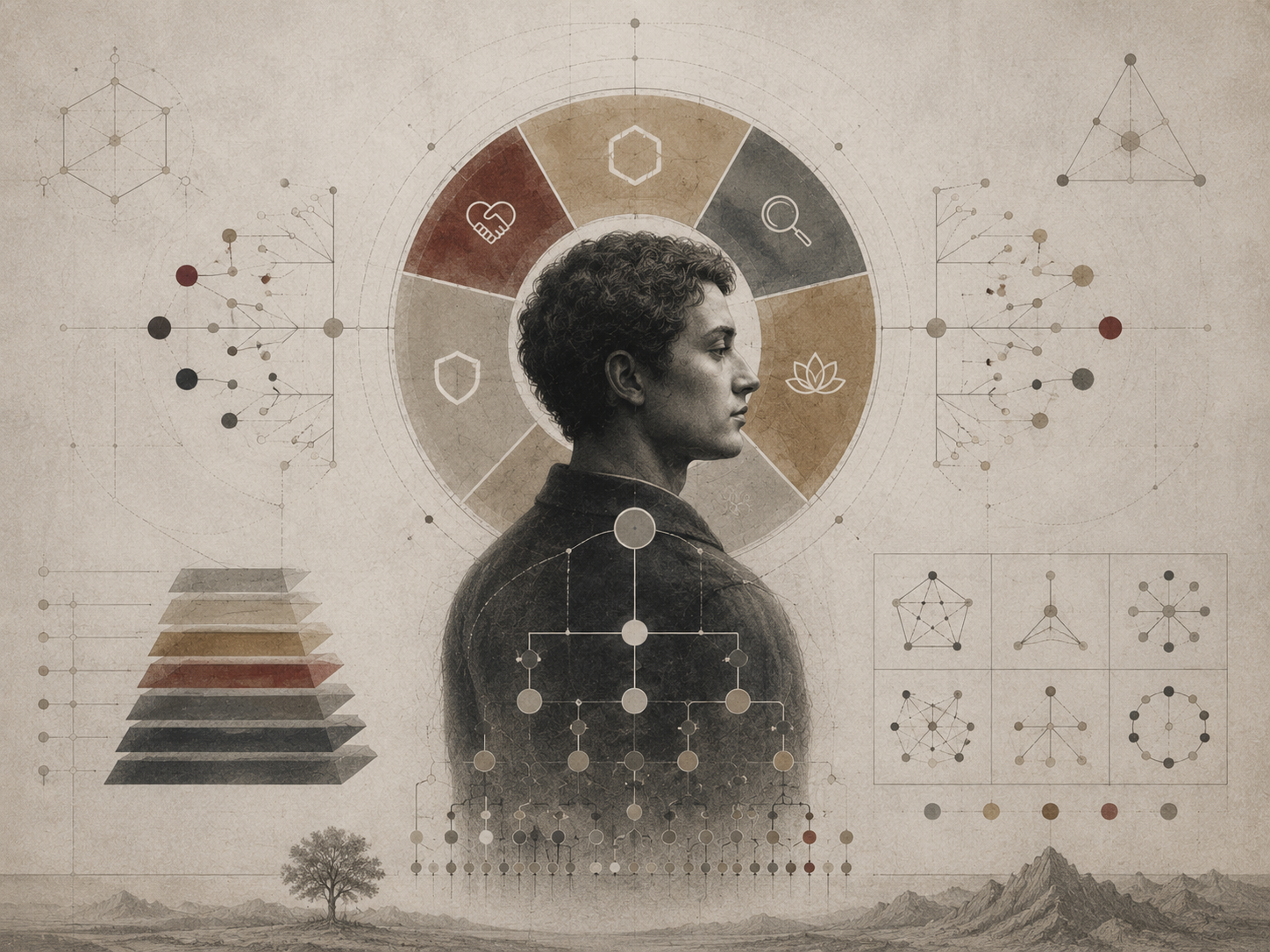 Restrained institutional illustration of a human profile surrounded by trait wheels, hierarchy diagrams, network structures, and dimensional models representing alternatives to the Big Five personality framework.