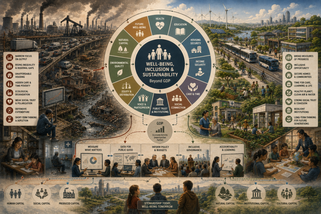 Editorial systems illustration showing a beyond-GDP framework for measuring well-being, inclusion, sustainability, health, education, housing security, care, public trust, natural capital, and future well-being.