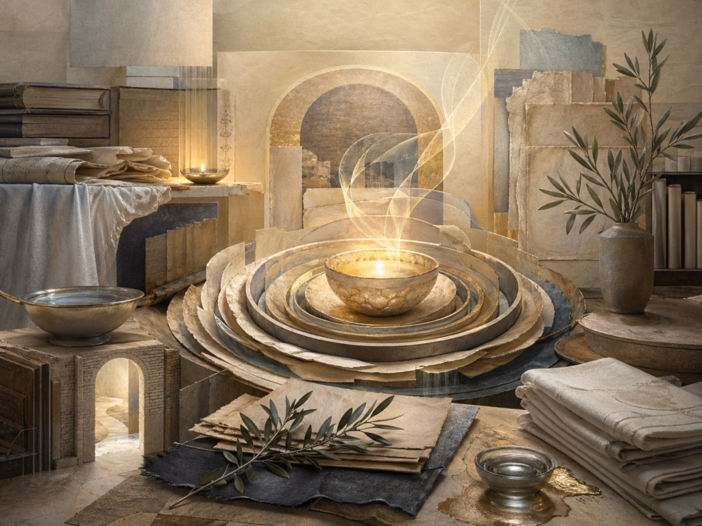 Non-figurative editorial illustration of layered parchment, folded cloth, water bowls, olive branches, archival books, protective circular forms, and warm illumination representing Jewish ethics of care, visiting the sick, preserving life, healing prayer, dignity, and communal compassion.
