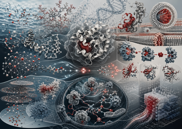 Abstract editorial scientific illustration of biochemistry, water, biomolecules, folded proteins, enzyme pockets, nucleic-acid-like helices, membrane bilayers, lipid vesicles, metabolites, cofactors, signaling pathways, metabolic networks, structural biology, and computational biochemical workflows in cream, gray, black, aqueous blue-gray, and deep red.