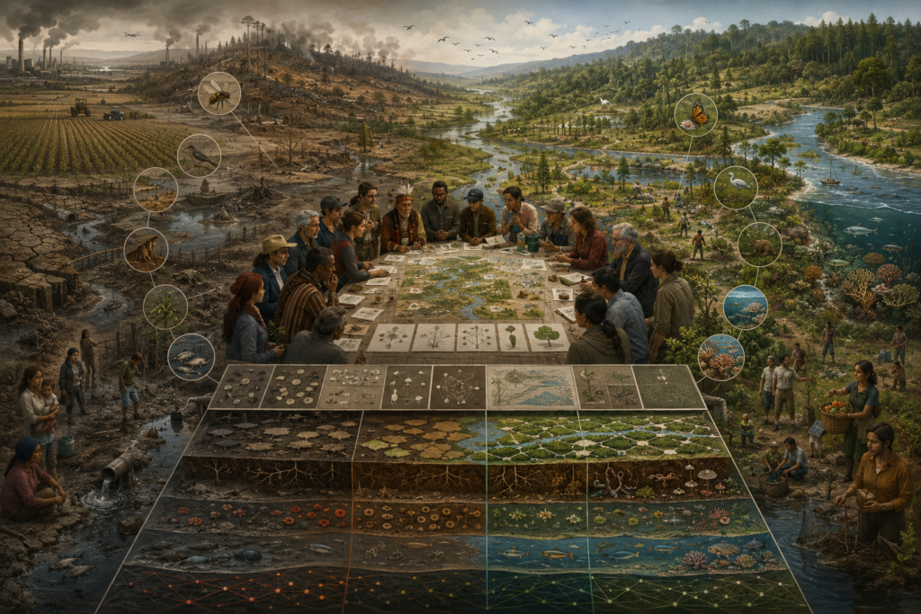 Editorial systems illustration contrasting degraded, fragmented ecosystems with biodiverse, connected living systems, centered on a diverse ecological-resilience forum examining restoration, food webs, habitat corridors, soil, water, and justice.