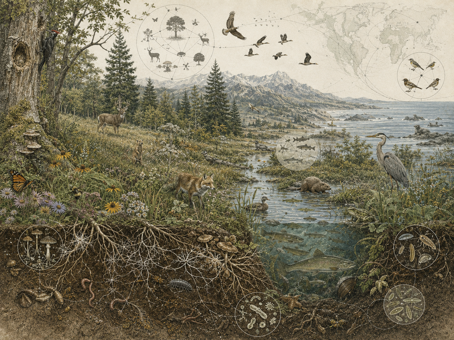 Research-grade ecological systems illustration showing forests, wetlands, rivers, coastal waters, wildlife, plants, roots, fungi, soil organisms, pollinators, fish, birds, and subtle biodiversity network diagrams.