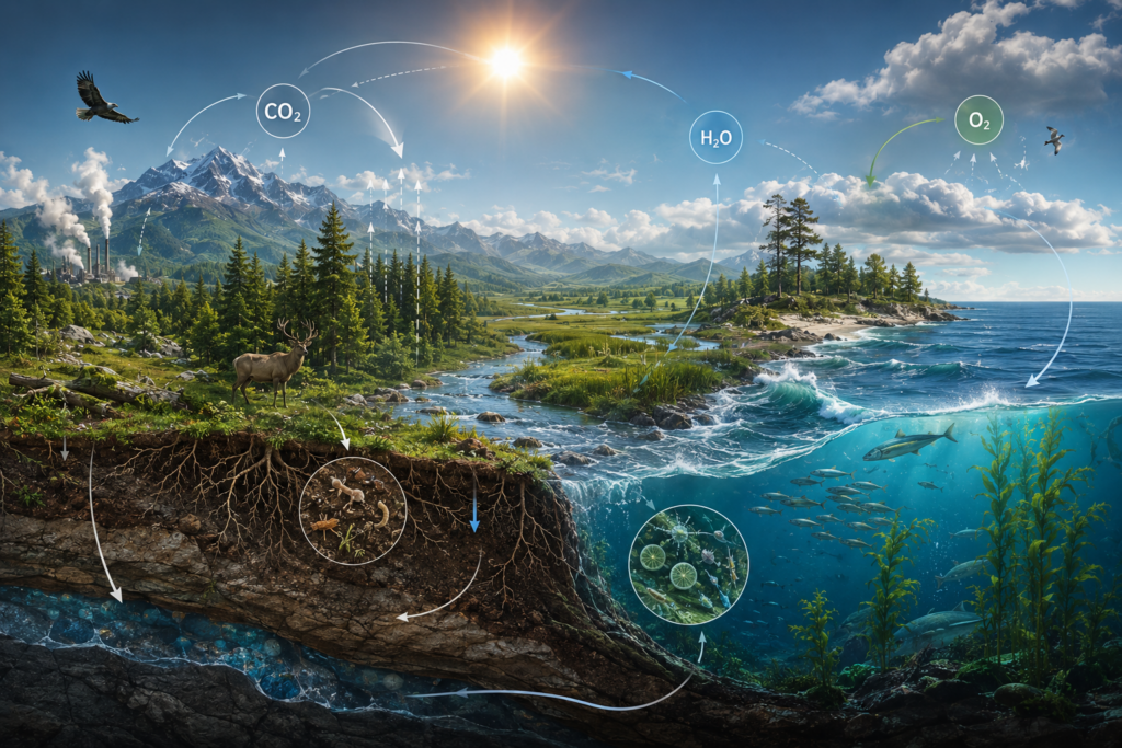 Research-grade Earth systems illustration showing mountains, forests, wetlands, ocean, atmosphere, soil, roots, groundwater, marine life, and minimal cycle markers for carbon, water, and oxygen flows.