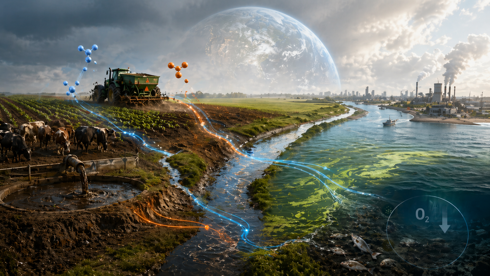 Editorial featured image showing farmland, livestock waste, nutrient runoff flowing into a river and polluted waterway, algal growth, fish mortality, and a planetary-scale environmental backdrop representing nitrogen and phosphorus destabilization.