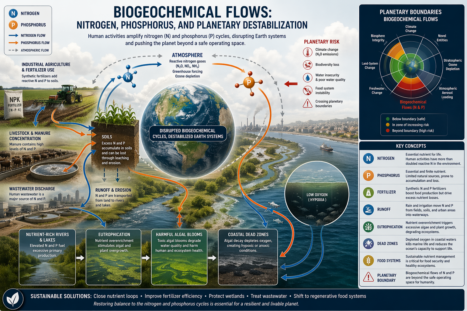 Infographic showing how nitrogen and phosphorus flows from agriculture, livestock, wastewater, and industry destabilize ecosystems through runoff, eutrophication, oxygen depletion, biodiversity stress, and planetary-boundary transgression.