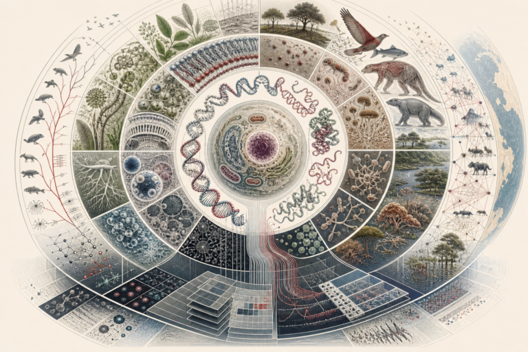 Editorial scientific illustration showing biology across scales, with a central cell, DNA-like structures, molecules, microbes, plants, animals, fungi, ecosystems, evolutionary branches, ecological networks, and computational data layers.