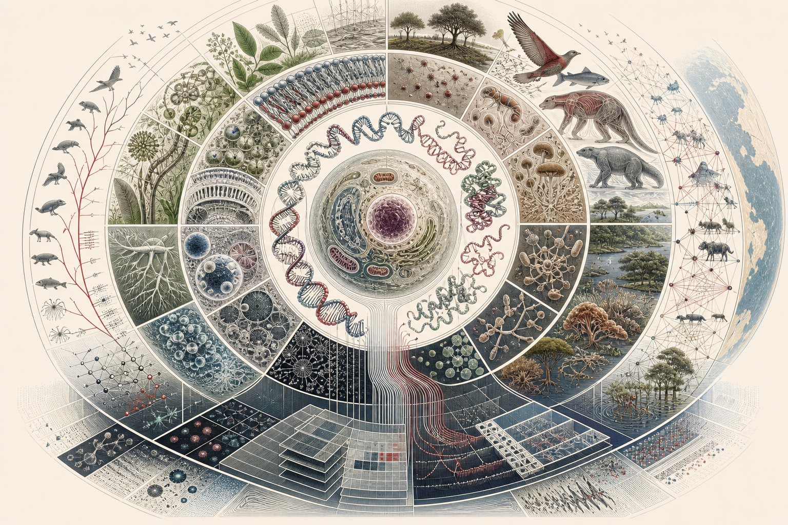 Editorial scientific illustration showing biology across scales, with a central cell, DNA-like structures, molecules, microbes, plants, animals, fungi, ecosystems, evolutionary branches, ecological networks, and computational data layers.