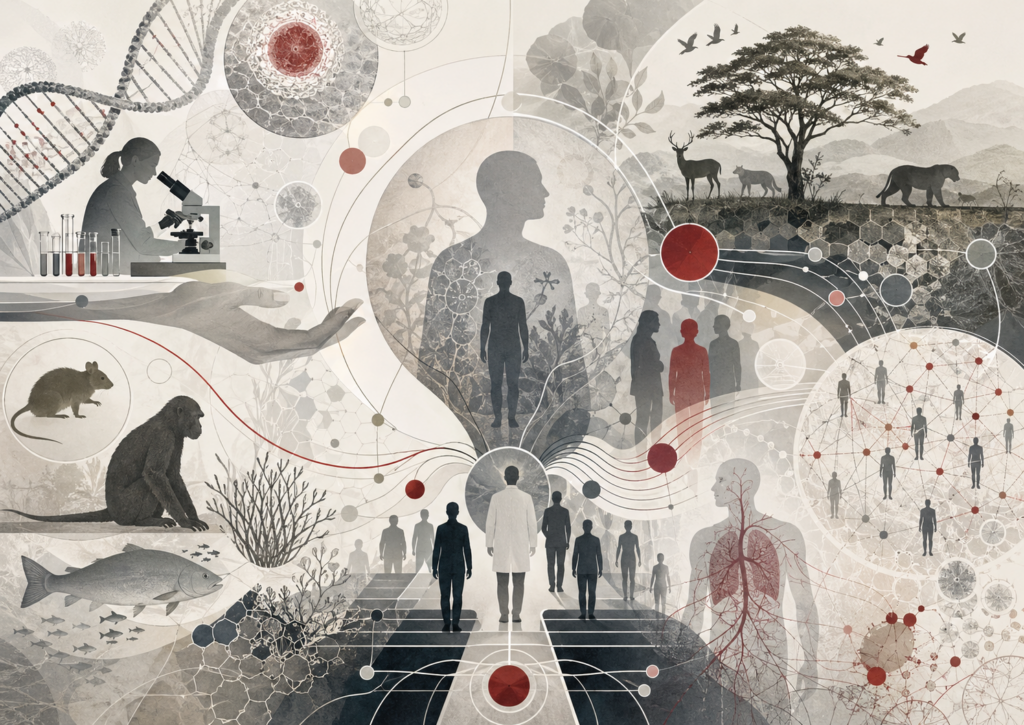 Abstract scientific illustration of biology and ethics showing human research, DNA, cells, tissues, animal welfare, biodiversity, ecological systems, biological data, public health networks, consent, governance, justice, and institutional accountability without text or labels.