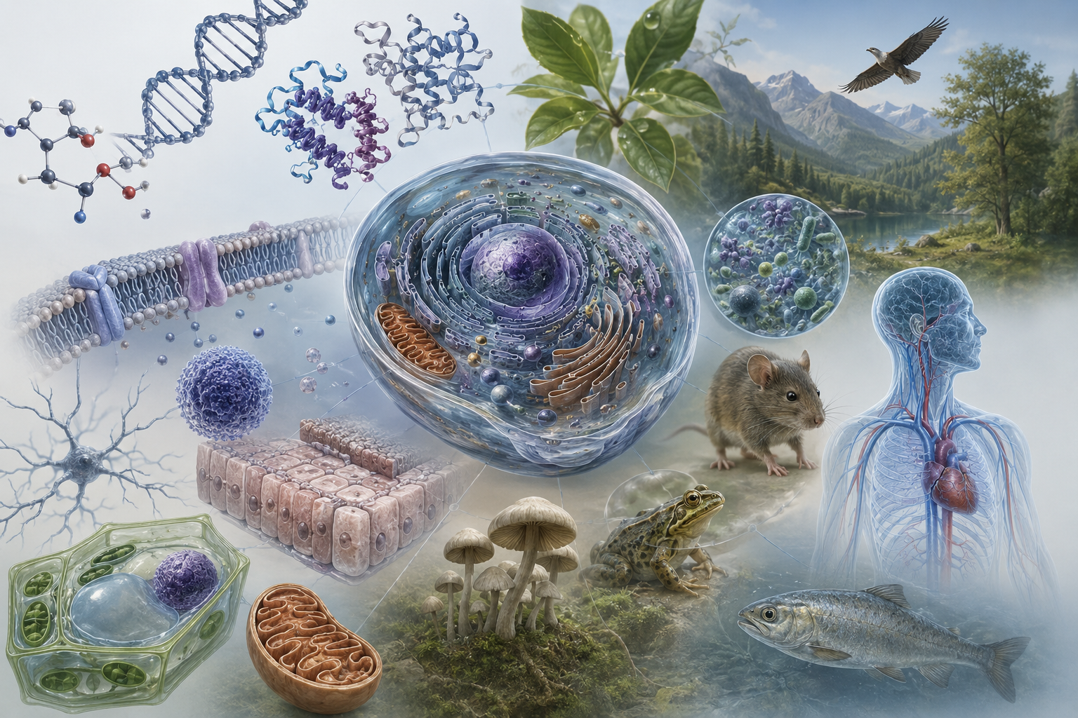 Research-grade biology illustration showing molecular structures, DNA, proteins, cell membranes, organelles, plant cells, tissues, microbes, fungi, animals, human physiology, and ecosystems connected across biological scales with no text.