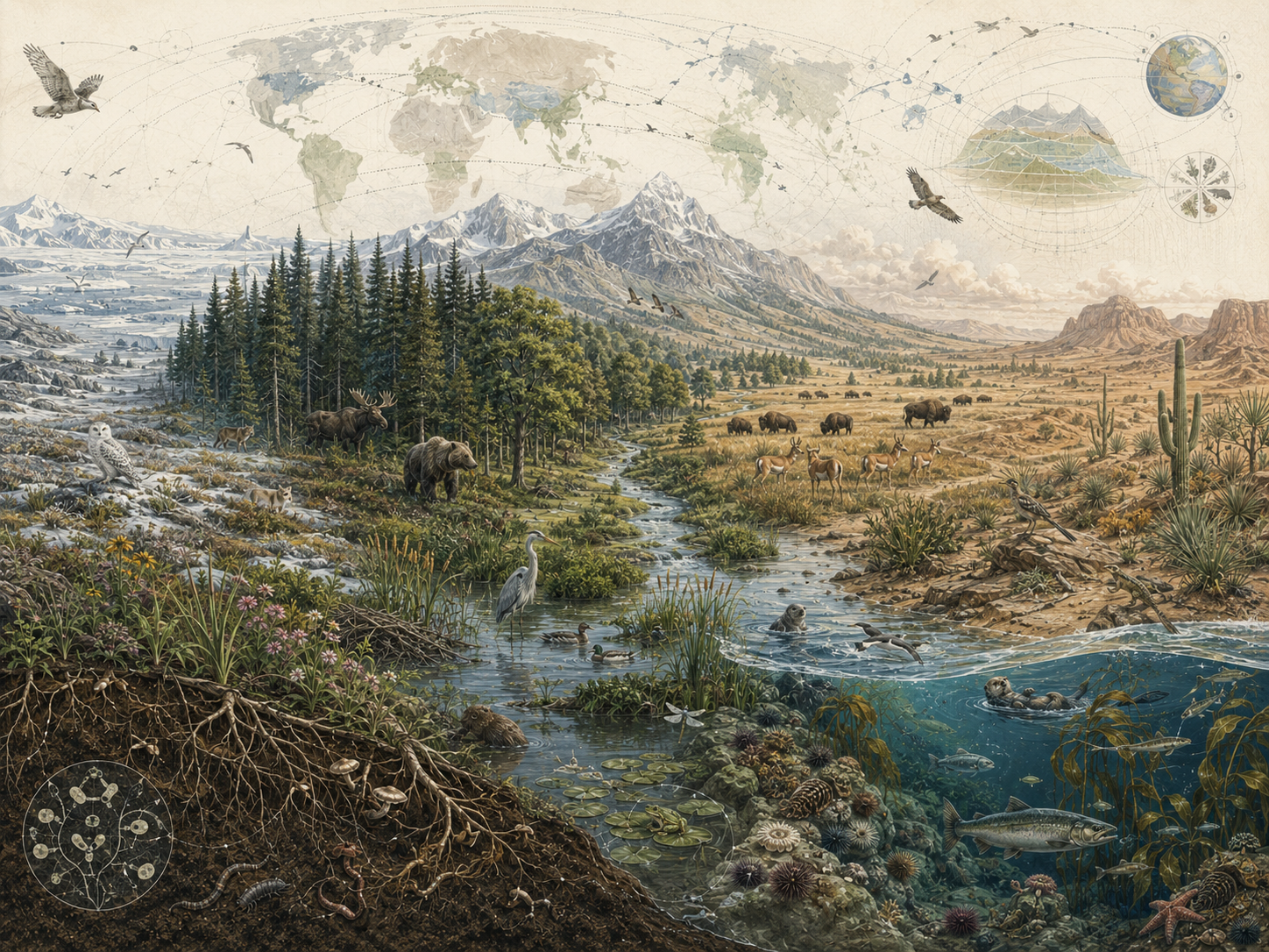 Research-grade ecological atlas illustration showing tundra, boreal forest, temperate forest, grassland, desert, wetland, river, mountain, and coastal marine habitats connected across a continuous landscape with wildlife, plants, soil roots, fungi, and subtle biogeographic map overlays.
