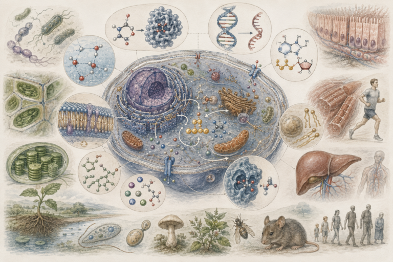 Research-grade systems biology illustration showing biomolecules, proteins, lipids, carbohydrates, nucleic acids, membranes, organelles, enzymes, ions, cells, tissues, plants, fungi, microbes, animals, and human physiology connected across biological scales.