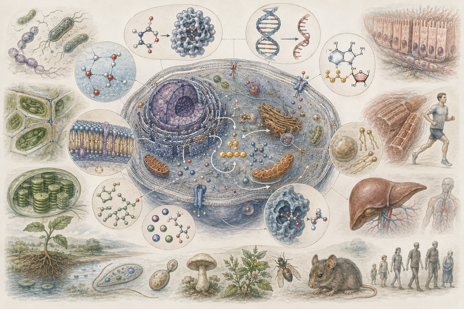 Research-grade systems biology illustration showing biomolecules, proteins, lipids, carbohydrates, nucleic acids, membranes, organelles, enzymes, ions, cells, tissues, plants, fungi, microbes, animals, and human physiology connected across biological scales.