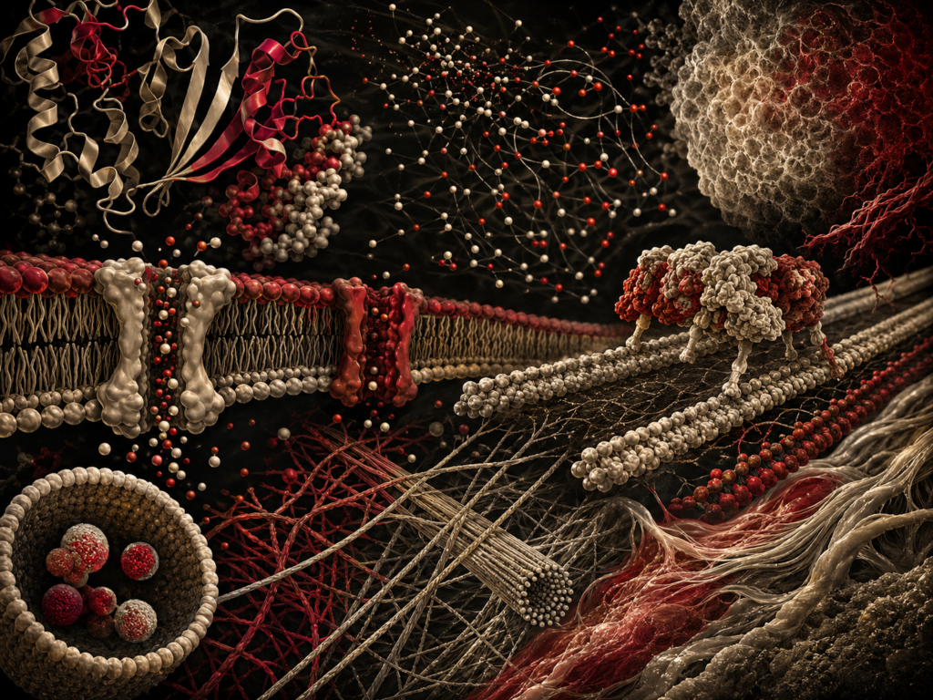 Editorial scientific illustration showing protein-folding structures, lipid membrane layers, ion channels, molecular particles, cytoskeletal fibers, motor-like protein movement, and soft biological material textures.