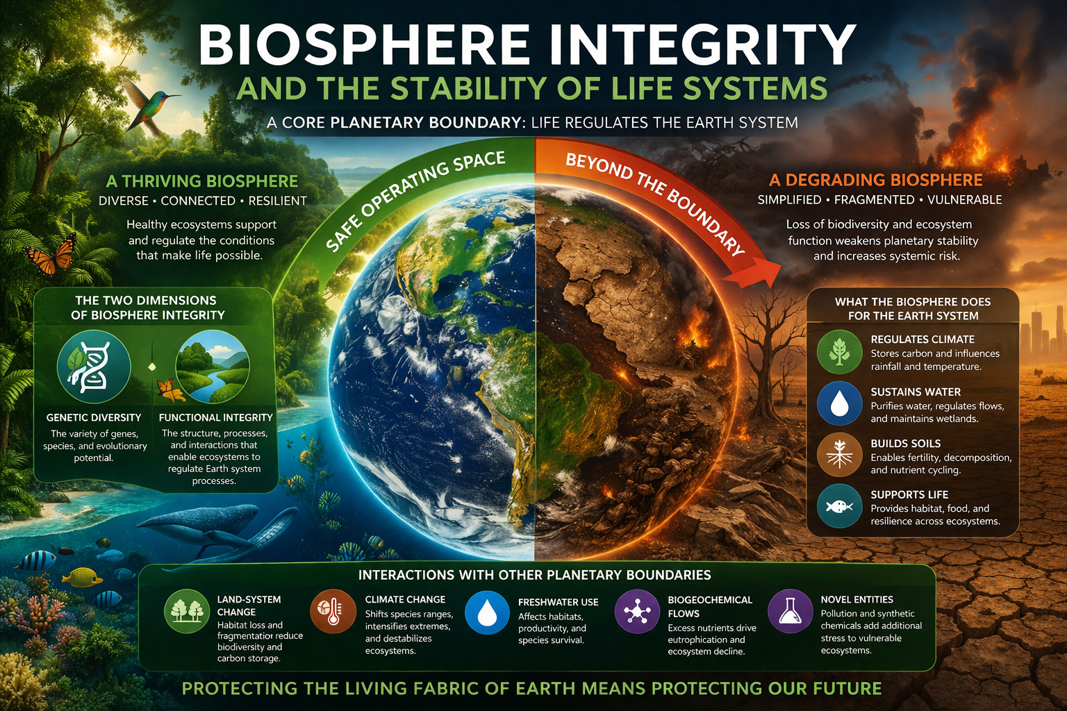 Infographic showing biosphere integrity as a planetary boundary, with Earth at the center, a safe operating space gauge, ecosystems and wildlife imagery, and references to genetic diversity, functional integrity, and interactions with other planetary boundaries.
