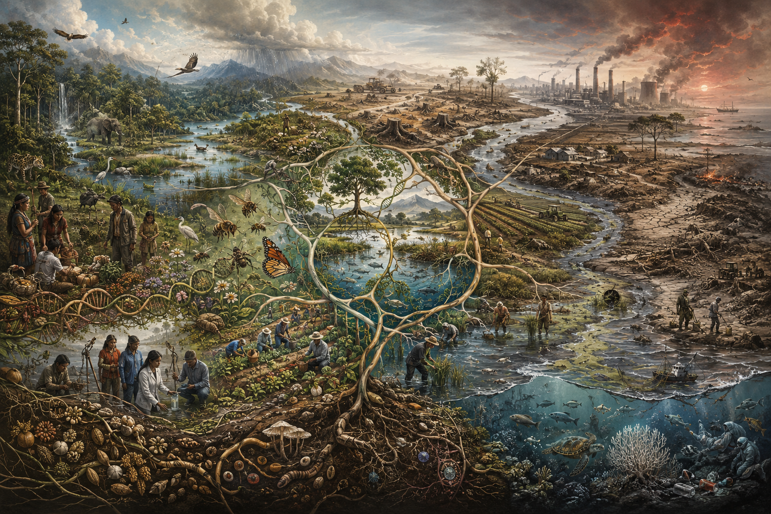 Editorial illustration showing biosphere integrity as a planetary boundary through interconnected ecosystems, genetic diversity, ecological function, stewardship, and contrasting zones of degradation.