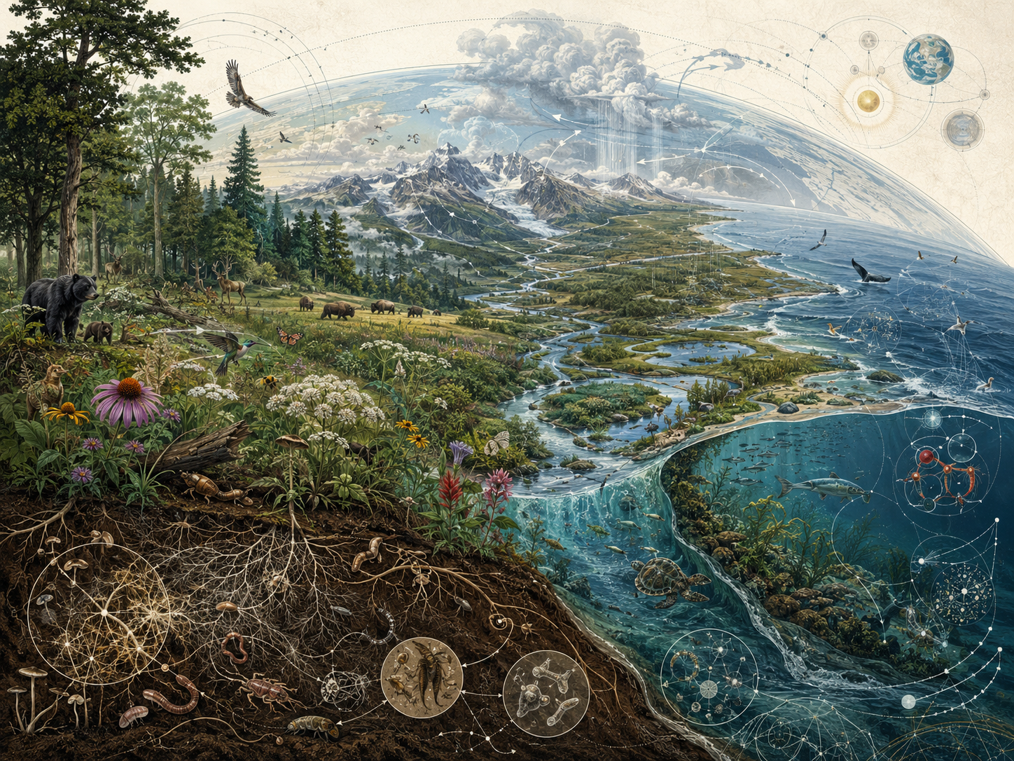 Research-grade Earth systems illustration showing forests, mountains, rivers, wetlands, coastlines, oceans, wildlife, soil roots, fungi, atmosphere, and marine life as interconnected planetary life-support systems.