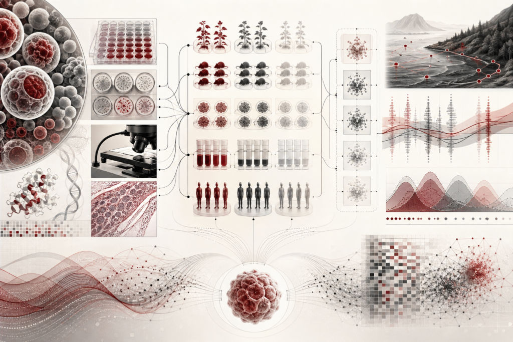 Abstract scientific illustration of biostatistics and experimental design in biology showing grouped cell structures, assay wells, balanced treatment groups, blocked sample clusters, ecological sampling points, uncertainty patterns, and computational data flows without text or labels.