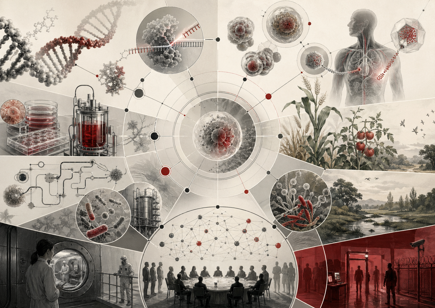Abstract scientific illustration of biotechnology intervention showing DNA editing, engineered cells, bioreactors, gene-therapy delivery, agricultural biotechnology, microbial systems, ecological release pathways, biosafety barriers, biosecurity structures, and governance networks without text or labels.